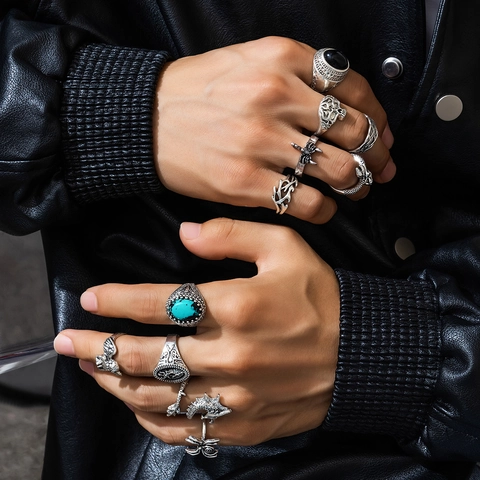 11-delige Vintage Punk Ringenset voor Heren Legering Turquoise Strass Gotisch Draak Schedel Spin Schorpioen Antiek Zilver