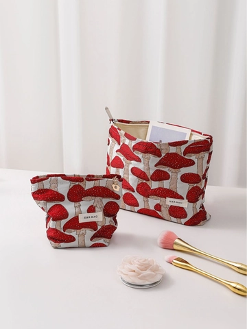 Neceser De Tela Jacquard Con Patrón De Champiñones Lona Cremallera Organizador De Artículos De Tocador Estilo Retro