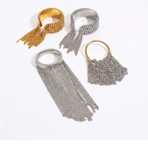 Stainless Steel Tassel Ring 18K Gold Plated Adjustable Bead Chain Fringe Statement Jewelry For Women Waterproof