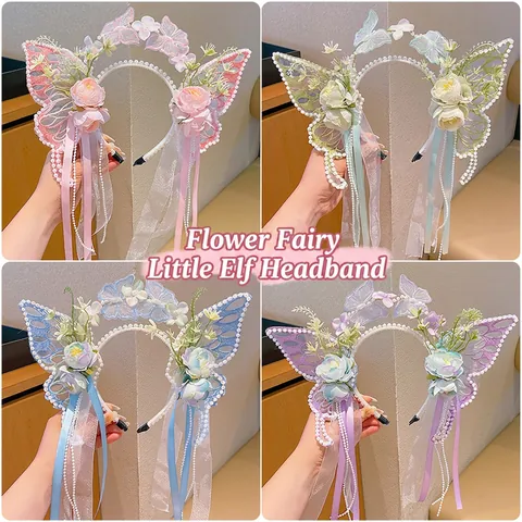 Kids Butterfly Headband Fairy Elf Floral Hair Band With Lace Wings Faux Artificial Pearls Long Ribbon For Girls Princess Costume