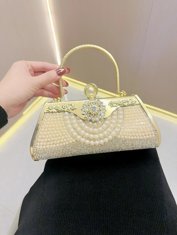 Elegant Artificial Pearl Beaded Evening Bag With Rhinestone Flower Clasp Women Handbag For Wedding Party Banquet Luxury Clutch