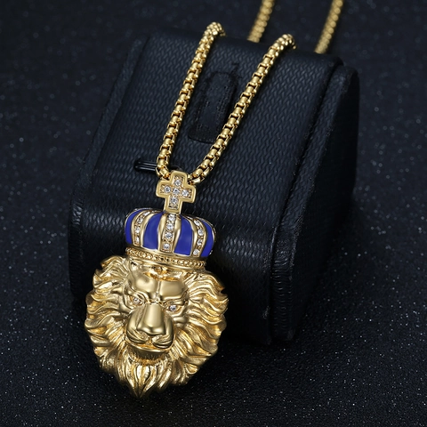 Collana con Ciondolo a Testa di Leone Hip Hop in Acciaio al Titanio con Croce e Strass Intarsiati Gioielli Animali Galvanici per Uomo Donna