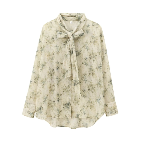 Women Long Sleeve Blouse Elegant Tie Neck Bow Floral Printed Solid Button Down Casual Shirt Tops