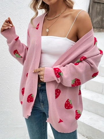 Dames Plus Size Gebreid Vest Roze Zoet Aardbeienpatroon V-Hals Lange Mouwen Losse Casual Trui