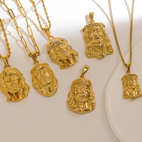 Jesus Head Pendant Necklace Stainless Steel Hip Hop Gold Plated Rhinestone Portrait Jewelry For Men