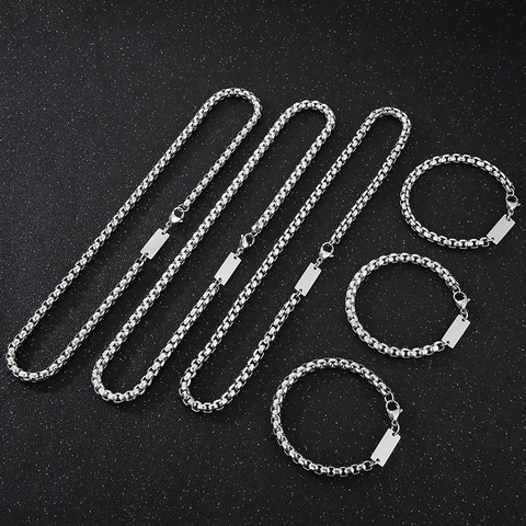 Conjunto De Collar Pulsera Cadena De Caja Acero Inoxidable Minimalista Con Placa ID Cuadrada En Blanco Joyería Oro Plata Hombre Mujer
