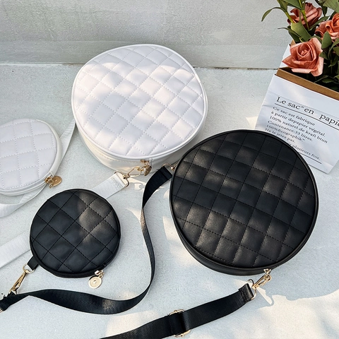 Bolso Bandolera Redondo Rombo Acolchado Cuero PU Con Bolsa Pequeña Correa Ancha De Tela Bolso De Hombro De Moda Mujer