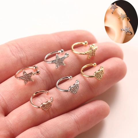 Minimalist Copper Rhinestone Heart Star Ear Cuff Clip Earrings Gold Silver Rose Gold Non Pierced Ear Bone Clip Jewelry For Women
