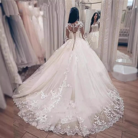 Elegante Vestido De Novia De Encaje Manga Larga Hombros Descubiertos Vestido De Baile Cola Catedral Lujo