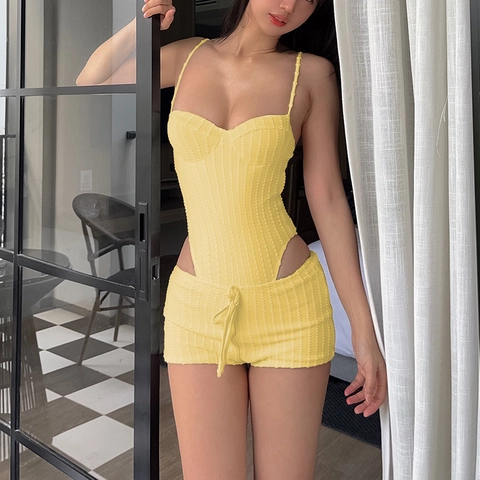 Donna Giallo Maglia A Costine Body E Pantaloncini Estate Spiaggia Vacanze Senza Maniche Sexy Slim Fit