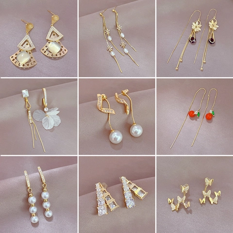 Elegante Kupfer Ohrringe Mikro Eingelegt Zirkon Kunstperle Quaste Schmetterling Geometrisch Silber Ohrstecker Damen