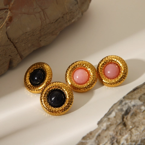 Orecchini a Bottone Tondi in Acciaio Inossidabile Martellato Vintage Con Pietra di Sabbia Blu Quarzo Rosa Donna Gioielli