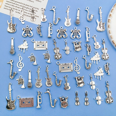 Musical Instrument Charms Pendants Vintage Antique Silver Alloy For DIY Jewelry Making Guitar Saxophone Violin Shape