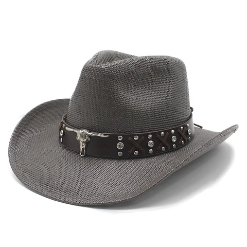 Western Cowboy Hat Vintage Straw Woven Wide Brim Summer Sun Hat With Faux Leather Band And Metal Bull Head For Men Women