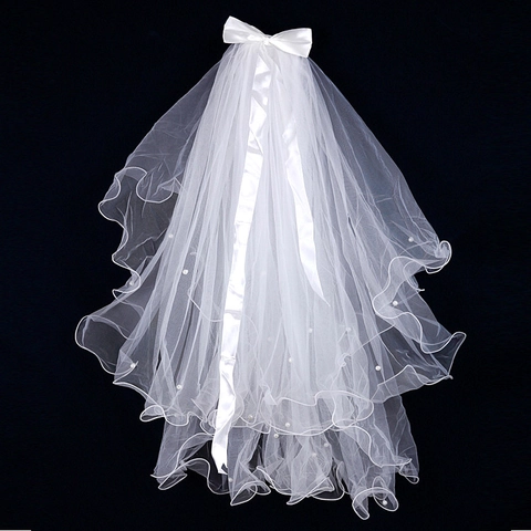 Velo De Novia De Doble Capa Con Lazo De Cinta De Tul Perla Artificial De Imitación Accesorios Para El Cabello De Boda Tocado