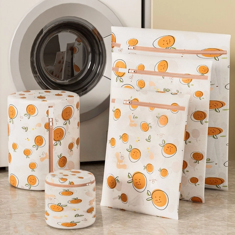 Sac À Linge Polyester Maille Fine Protection Machine À Laver Fermeture Éclair Pour Sous-Vêtements Délicats Motif Agrumes