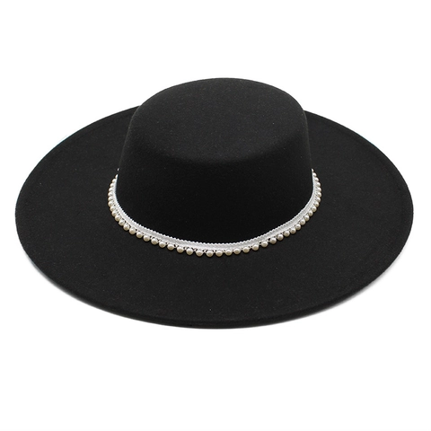 Chapeau Canotier Coton Polyester Feutre De Laine Bord Large Avec Bande De Künstliche Perles Style Rétro Élégant Femmes