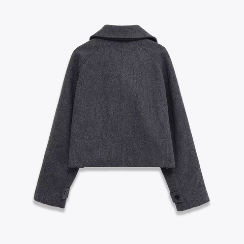 Damen Gekürzter Grabenmantel Dunkelgrau Wollige Optik Polyester Jacke Revers Langarm Einreihig Lässig Mode Oberbekleidung