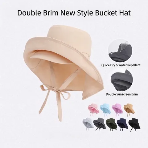 Sombrero De Pescador Protección Solar Exterior Mujer Nylon Ala Doble Capa Protector Cuello Secado Rápido Impermeable Lazo Coleta