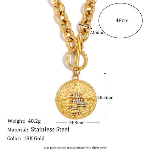 Ronde Munt Hanger Ketting Roestvrij Staal 18K Verguld Strass Zonnestraal Kompas OT Sluiting Dikke Schakelketting Voor Dames