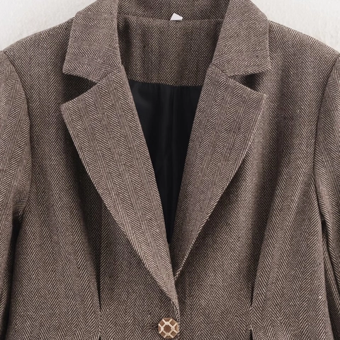 Dames Koffie Bruin Visgraat Blazer Reverskraag Single Breasted Drie Knoppen Lange Mouwen Wollen Look Jas Voor De Herfst