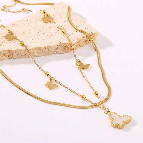 Double Layer Butterfly Pendant Necklace Stainless Steel 18K Gold Plated Shell Inlay Snake Bone Round Bead Chain Elegant Jewelry