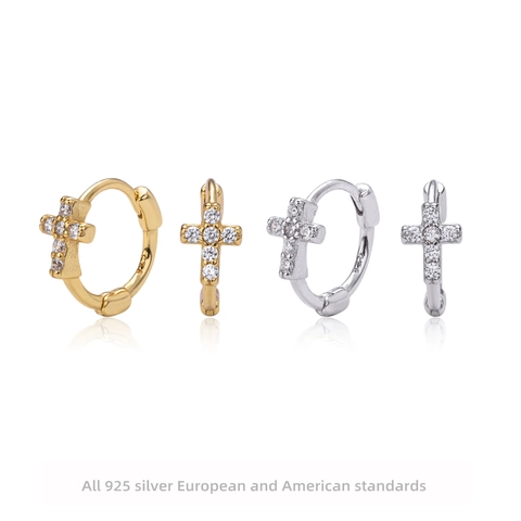Elegantes Pendientes de Aro con Cruz de Plata de Ley 925 para Mujer Chapados en Oro Plata Circonia Joyería de Moda Regalo
