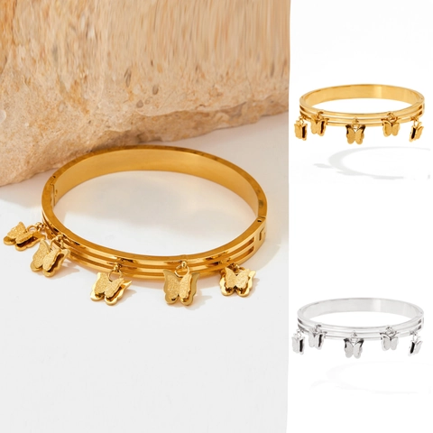 Multi Layer Stainless Steel Bracelet With Frosted Butterfly Pendants Elegant Gold Tone Bangle For Women Fashion Jewelry