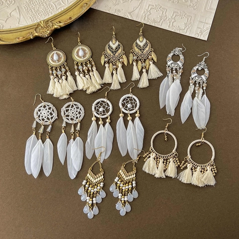 Bohemian Drop Earrings Alloy White Feather Tassel Dreamcatcher Ethnic Vintage Jewelry For Women Handmade Style