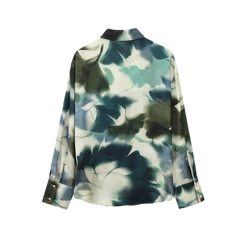 Dames Satijnen Shirt Met Lange Mouwen Abstracte Print Knoopsluiting Reverskraag Blouse Artistiek Elegant Satijnachtig Top