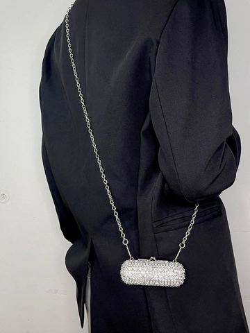 Women Mini Rhinestone Lipstick Crossbody Bag Luxury Metal Chain Evening Cylinder Pouch Purse Trendy Small Box Handbag