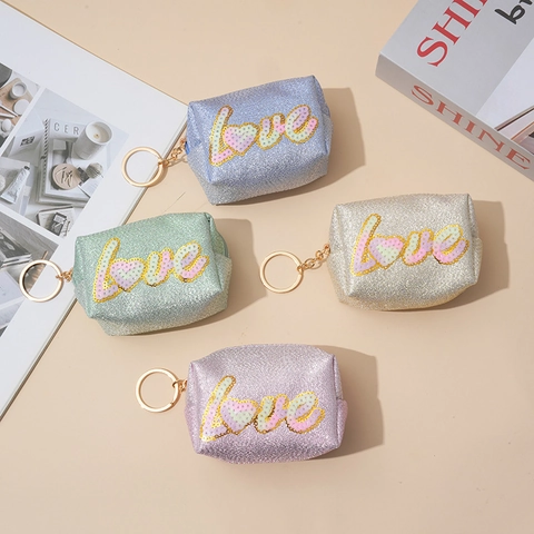 Mini Coin Purse Sequin Love Letter Embroidery Glitter Pouch Waterproof Portable Key Ring Lip Gloss Earphone Storage