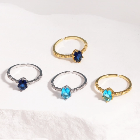 Blue Cubic Zirconia Adjustable Ring Copper Inlaid Oval Gemstone Elegant Vintage Open Jewelry For Women