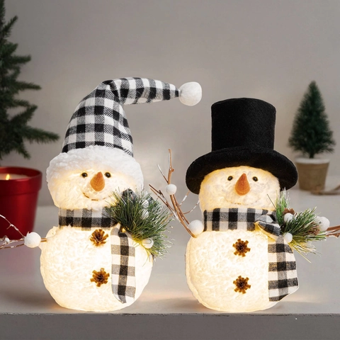 Christmas Snowman Figurine LED Light Up Glowing Holiday Decoration Polyester Plaid Hat Scarf Pine Cones Warm Desktop Ornament