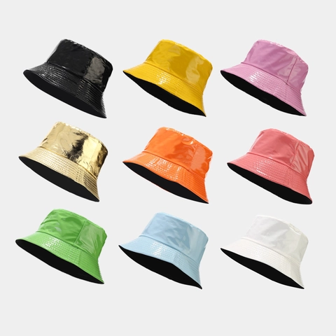 Sombrero De Pescador De Cuero PU Brillante Reversible Metálico Impermeable Protección Solar Moda Exterior Unisex