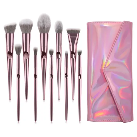 Brochas De Maquillaje Profesionales Fibra Sintética Suave Polvo Sombra De Ojos Base Herramientas De Mezclado Con Bolsa Holográfica
