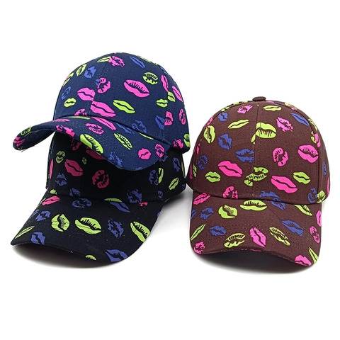 Baseball Cap Polyester Colorful Lip Print Neon Pattern Curved Brim Adjustable Outdoor Casual Hat For Women Men