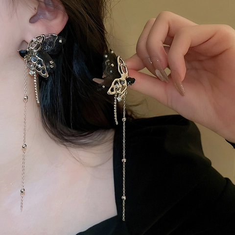 Pendientes Largos De Borla De Mariposa Aleación Diamantes De Imitación Gasa Con Poste De Plata De Ley 925 Gótico Mujeres