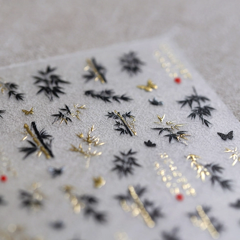 Embossed Nail Art Stickers Self Adhesive Gold Stamping Chinese Style Bamboo Butterfly Designs Manicure Decals