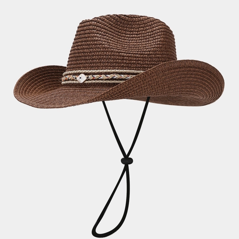 Western Cowboy Strohhut Breite Krempe Sonnenschutz Papierstroh Sommer Strandurlaub Verstellbares Windseil Damen