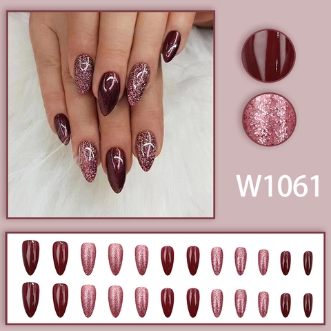 Uñas Postizas De Almendra Brillante Rojo Vino Rosa Púrpura Brillo Para Mujeres Manicura Elegante