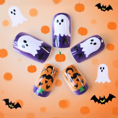 Uñas Postizas Halloween Fantasma Calabaza Telaraña Cuadrado Medio ABS Morado Naranja Estilo Francés Mujeres Fiesta