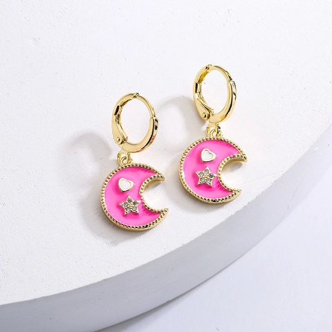 Moon Star Enamel Dangle Hoop Earrings For Women 18K Gold Plated Copper Colorful Heart Zircon Jewelry