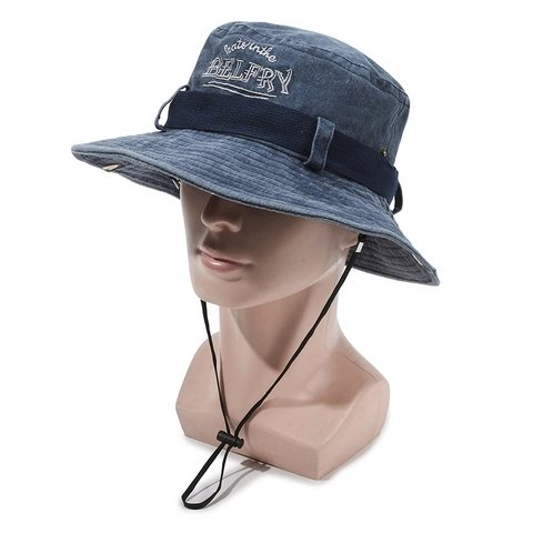 Bucket Hat Aus Gewaschener Baumwolle Mit Verstellbarem Winddichtem Seil Buchstabenstickerei Breiter Krempe Sonnenschutz