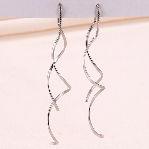 925 Sterling Silver Spiral Wave Long Threader Earrings Geometric Tassel Elegant Minimalist Jewelry For Women