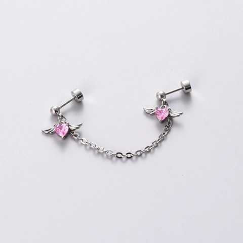 Pink Heart Zircon Angel Wing Stud Earrings Titanium Steel Screw Back Cartilage Piercing Jewelry For Women