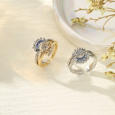 Bagues Ouvertes en Alliage de Strass Soleil Lune pour Femmes Couples Bague de Doigt de Mode Ajustable Bijoux Cadeau de Bijoux Personnalisé