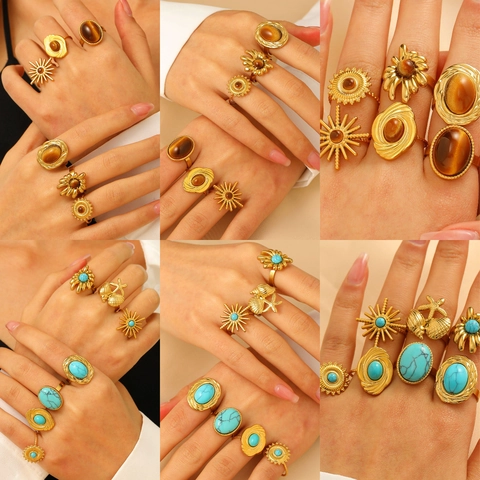 Vintage Bohemian Open Ring Stainless Steel 18K Gold Plated Turquoise Tiger Eye Adjustable Retro Jewelry For Women