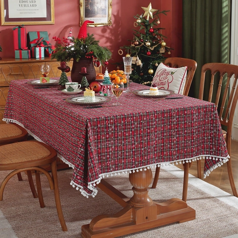 Mantel De Navidad Algodón Poliéster Cuadros Patrón Copo De Nieve Con Flecos Pompones Blancos Decoración De Comedor