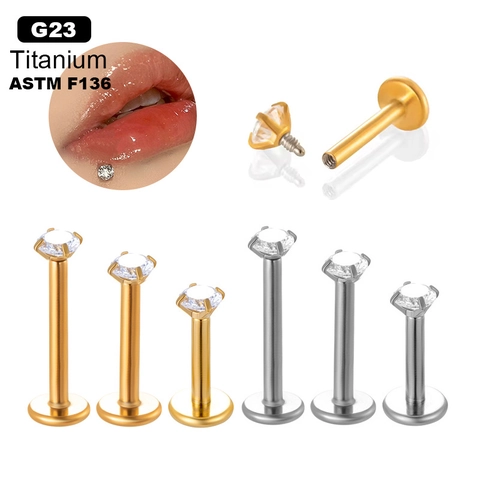 G23 Titanium Labret Stud Lippiercing Interne Schroefdraad Piercing Sieraden Ronde Zirkoon Platte Achterkant